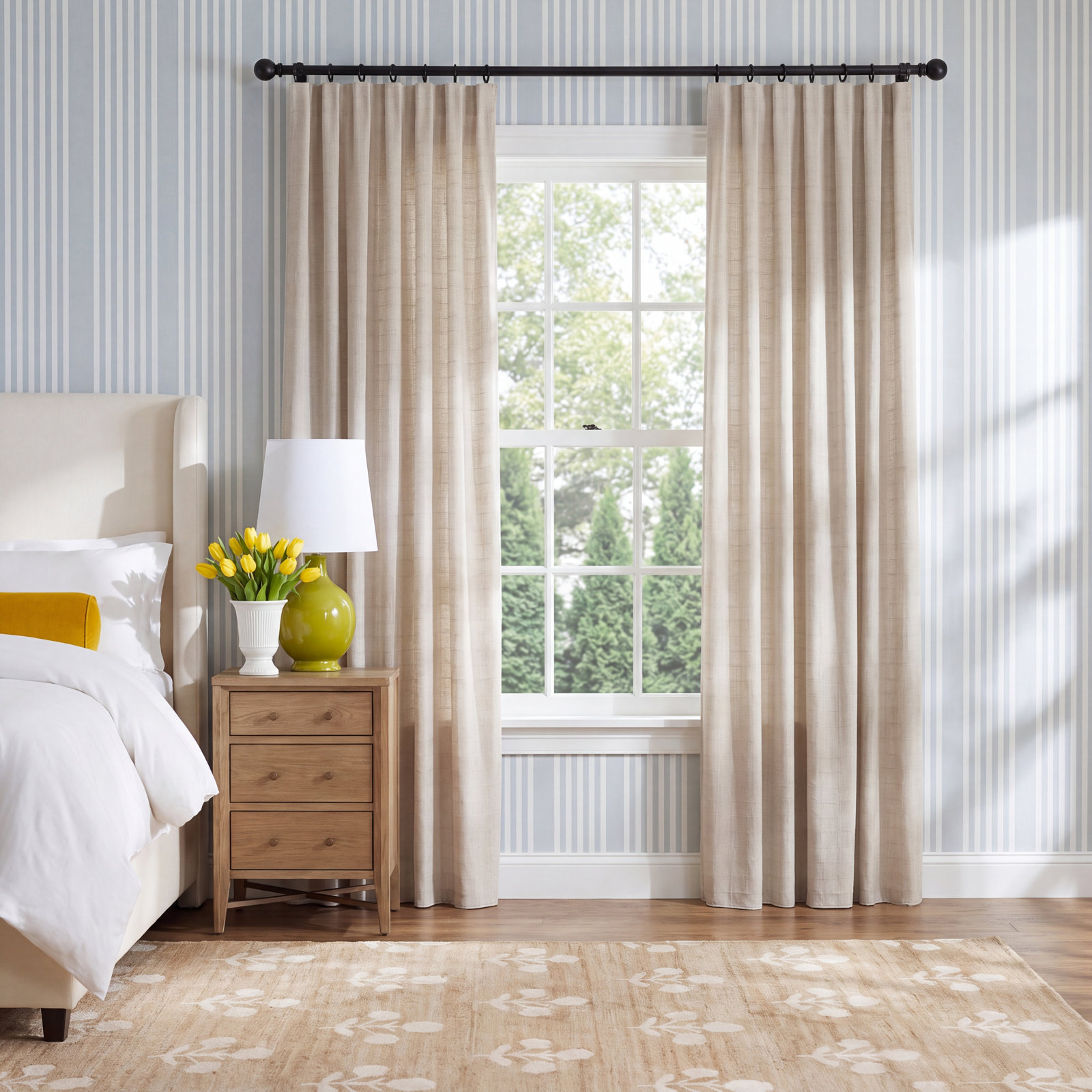 Ellora Embroidered Cotton Curtain in Natural, Inverted Pleat, 33" W x 108" L, Blackout