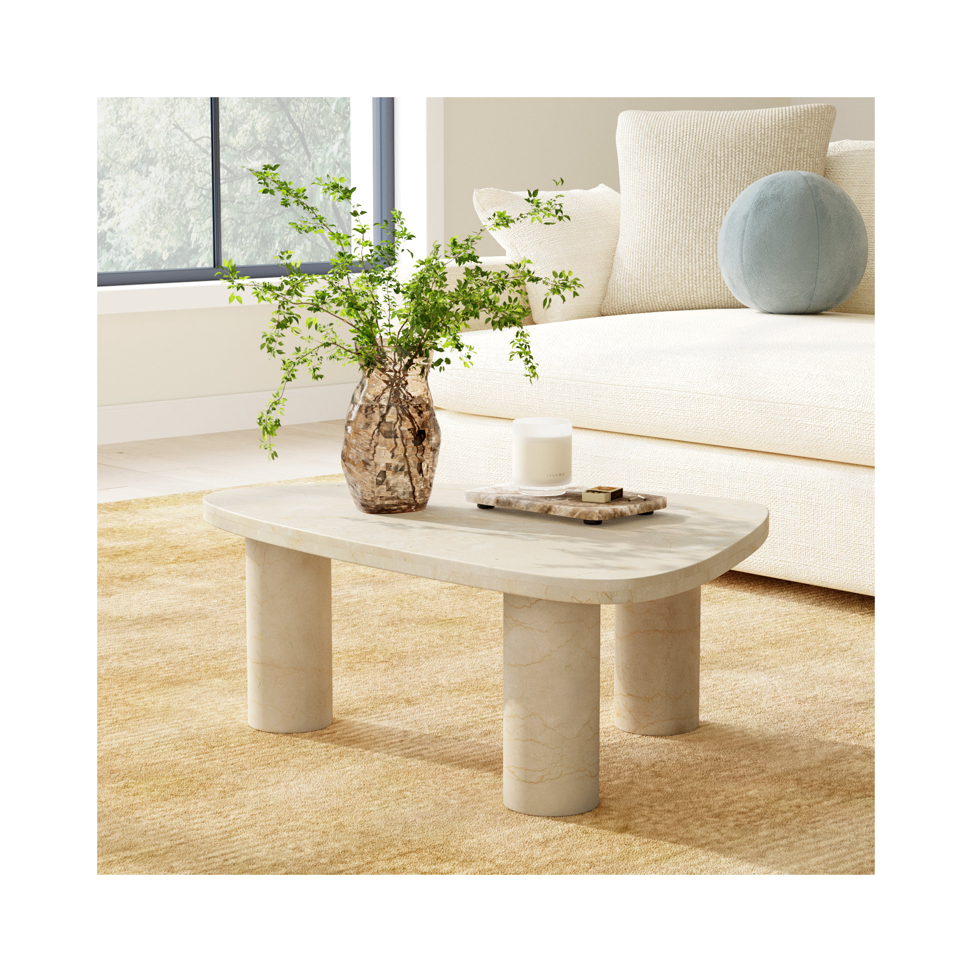 Moraga 3 Legs Coffee Table, Cream Marble, 15" H x 48" L x 30" W