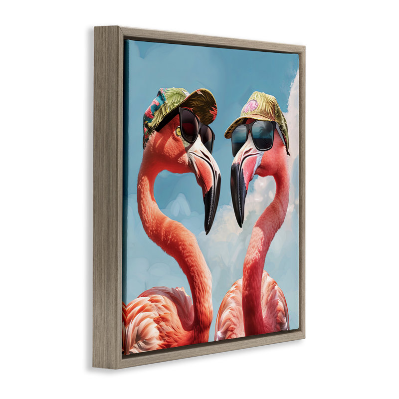 "Flamants avec chapeaux tropicaux", art mural sur toile par Jim Baldwin, H 25 po x l 25 po, Cadre flottant orme Montalcino
