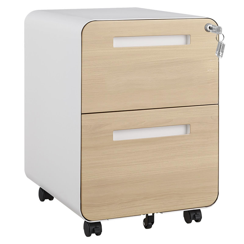 Classeur mobile en métal à 2 tiroirs avec serrure – Classeur à roulettes sous bureau pour bureau à domicile – Format Lettre/Légal/A4 – Entièrement assemblé – Finition bois/Blanc/Noir