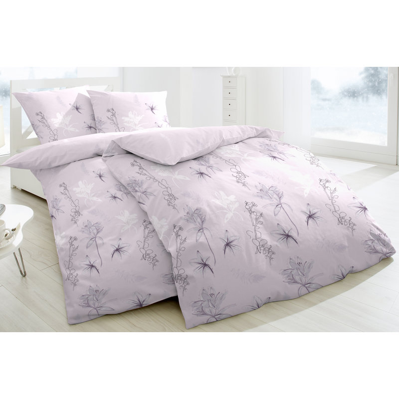 Flores Cotton 200 TC 2 Piece Duvet Cover Set, 155 x 220cm Duvet Cover + 1 Pillowcase, Mauve
