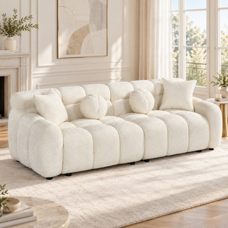 87.3" Plush Bubble Tufted Sofa for Living Room, Beige Polyester