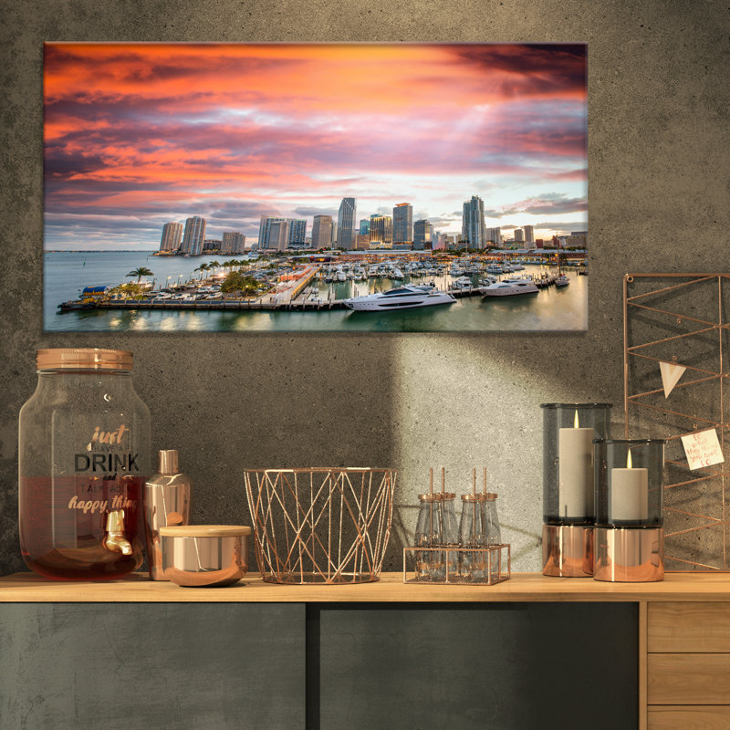 « miami coucher du soleil panoramique view », reproduction d’impression sur toile tendue, H 16 po x l 32 po x P 1 po