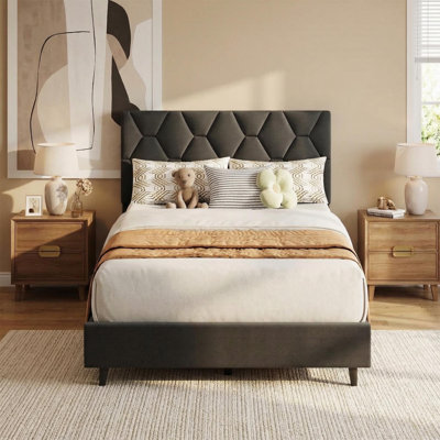 Platform Bed Frame with Adjustable Upholstered Headboard – Strong Wooden Slats – Noise-Free, Easy Assembly – No Box Spring Needed – Ideal for Student Dorms – Color: Gray, Size: Twin XL