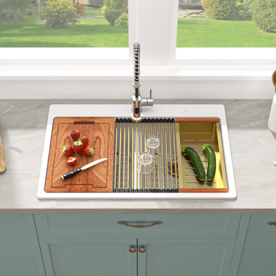 Évier de cuisine à double cuve à montage sur comptoir en quartz 33 po x l 22 po Grantie avec accessoires Quartz