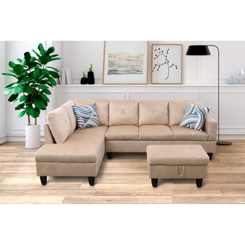 Stotfold Upholstered L-Shaped Sectional Right Hand Facing, Beige Velvet, Left Hand Facing