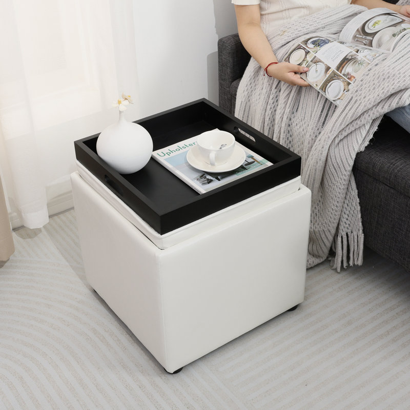 17.7" Faux Leather Storage Ottoman With Reversible Tray Top, White