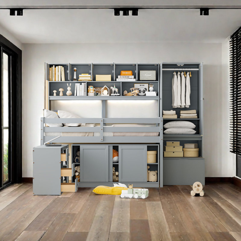 Lit mezzanine pour enfants avec tiroirs Jobina, Gris, Double