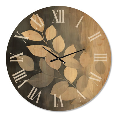 Moonlit Leaf Branch - Minimalist Large Round Wall Clock, Printed on Wood