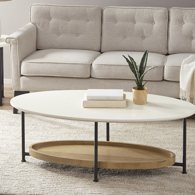 Table basse de salon - ovale, surface blanche, tablette naturelle, plateau de table ovale en métal et forme inférieure