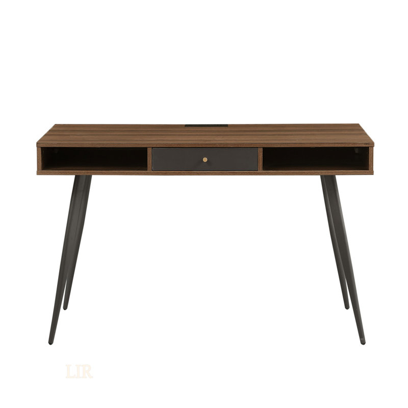 Mid Century Modern Writing Desk With USB Ports, Power Outlet, And Drawers, Multifunctional Walnut Home Office Computer Desk