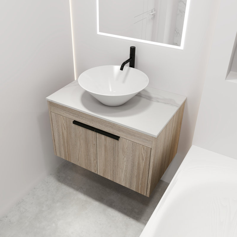 Meuble-lavabo mural en chêne blanc de 30 po avec lavabo en céramique, porte à fermeture en douceur et grand bac de rangement inférieur, porte, surface en pierre plate