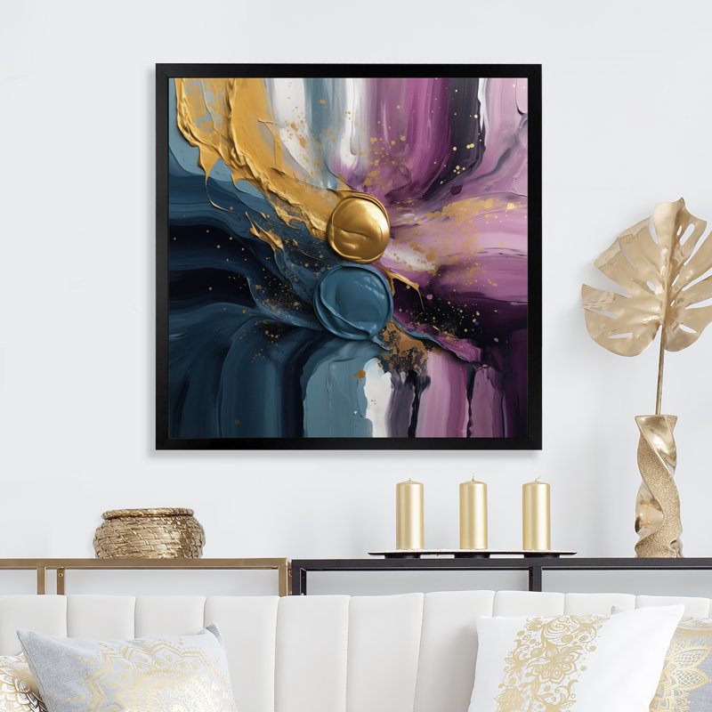 Mabe, mouvements mauves et bleus en peinture II sur toile, H 30 po x l 30 po x P 1 po, Cadre photo noir