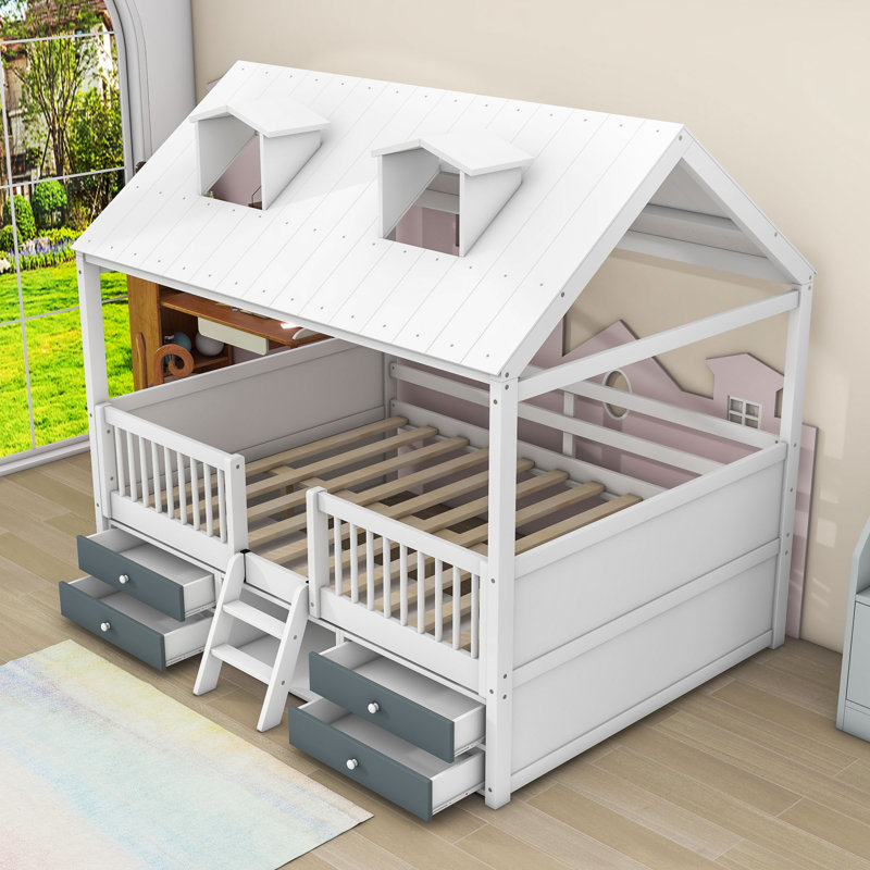 Lit mezzanine avec tiroirs Yacine Kids, Blanc, Double