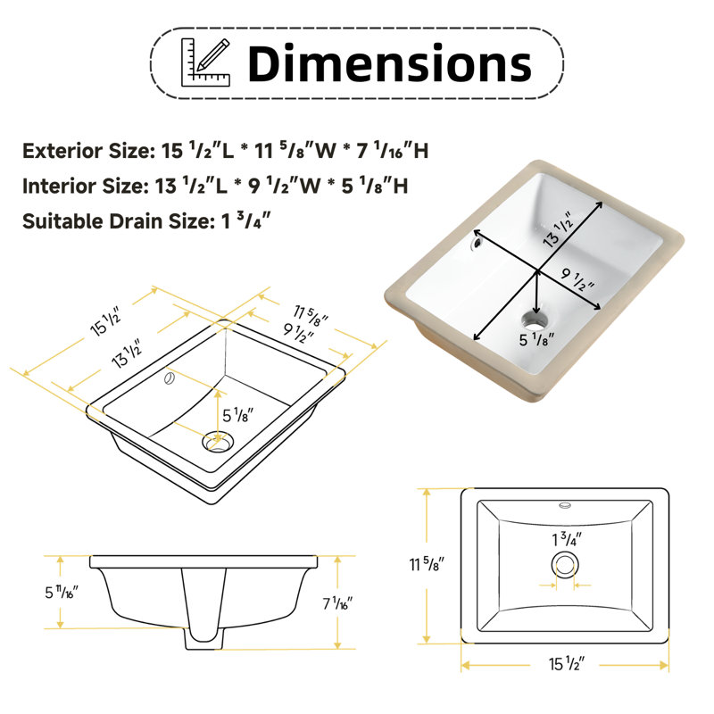 Los Flexi 15.5" x 12" White Ceramic Rectangular Undermount Bathroom Sink with Pop-Up with Overflow