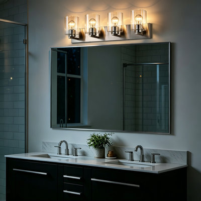 Éclairage pour salle de bain 4 lumières en nickel brossé 25,5 po avec abat-jour carré en verre transparent