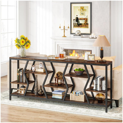 Console de 70,9 pouces avec tablettes de rangement en bois à 4 niveaux, tables d'appoint industrielles très longues pour le couloir, le salon, le vestibule (brun rustique)