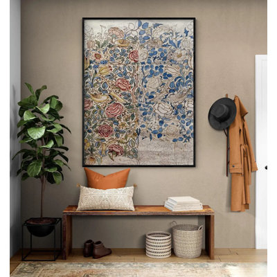 Conception pour Chintz: rose par William Morris, affiche imprimée oiseau, idée de petit oiseau, impression de feuilles bleu marine, décor de fleur blanche
