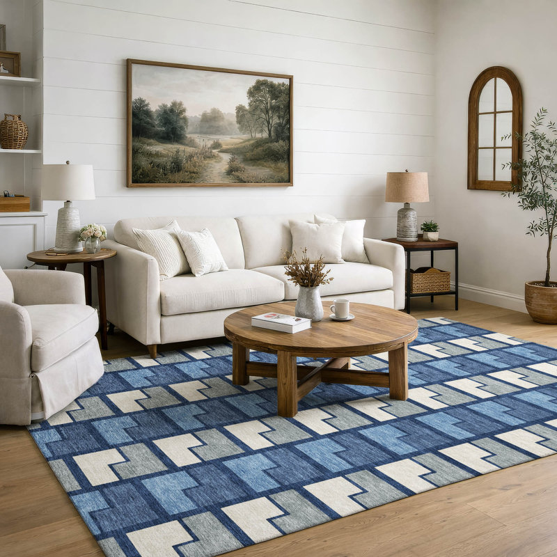 Tapis géométrique lavable à la machine de qualité supérieure Mayfield AMF2417, Marine, 9 pi x 12 pi