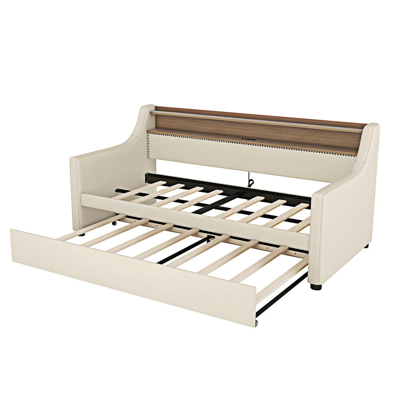 Upholstered Daybed With Trundle And Charging Station, Beige