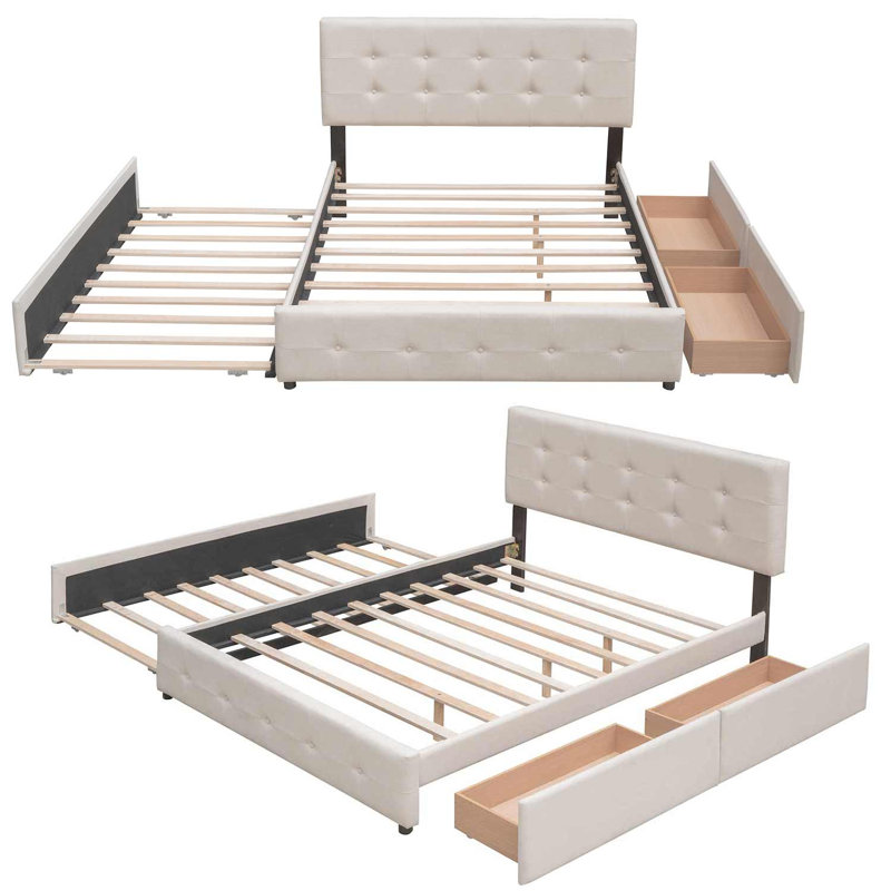 Grand lit plateforme tapissier avec rangement Kaushar, Beige