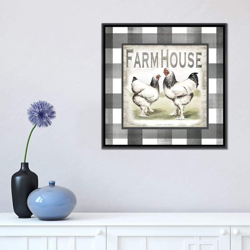 Buffalo Check Farm House Chickens Neutral I - impression d'art graphique, Toile encadrée noire patinée, Non mat