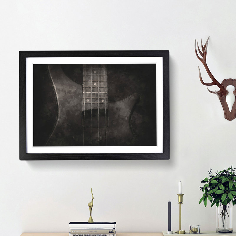Top of a Black Bass Guitar - Picture Frame Painting Print, 62cm H x 87cm W x 2cm D, Black Framed