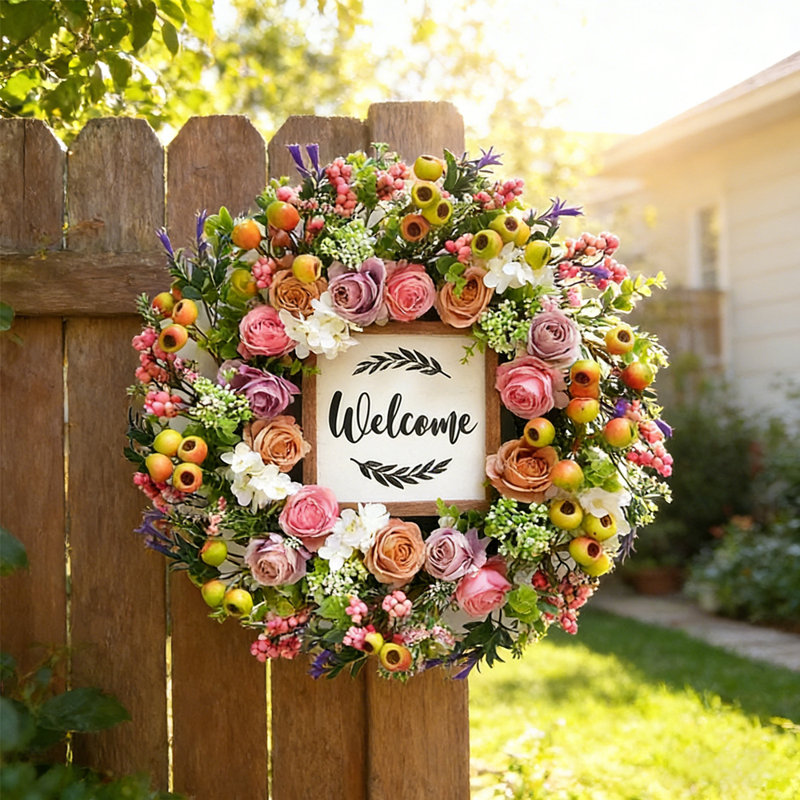 15.75-Inch Artificial Wreath With Berries And Welcome Sign For Porch Decoration, Indoor And Outdoor Home Decoration for All Seasons