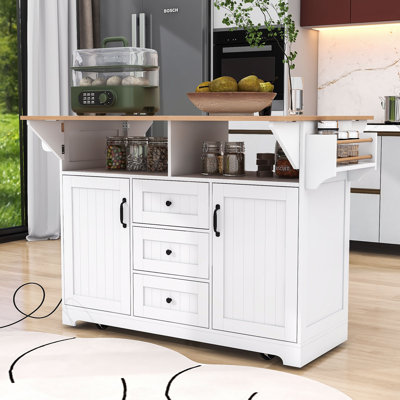 Chinita Versatile Dual Folding Kitchen Island Cart with Storage and Built-in Charging Station