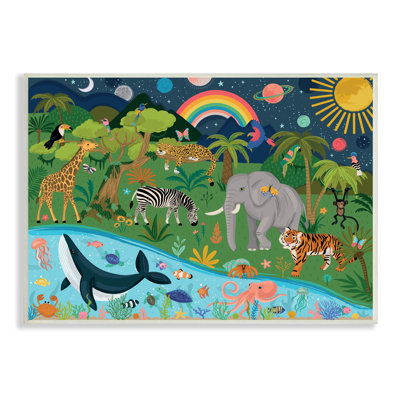 " Jungle Animals Sea Creatures Under Night Sky Planets " Acrylic Painting