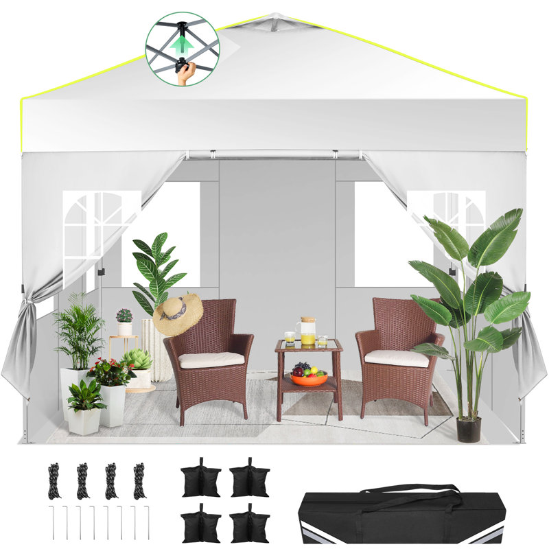 10x10 Pop Up Canopy Tent, One Push Setup Glow Outdoor Tent with 4 Sidewalls, White