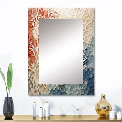 Collage de corail rose et blanc I - miroir de coraux, miroir mural crème unique, impression d'art en métal