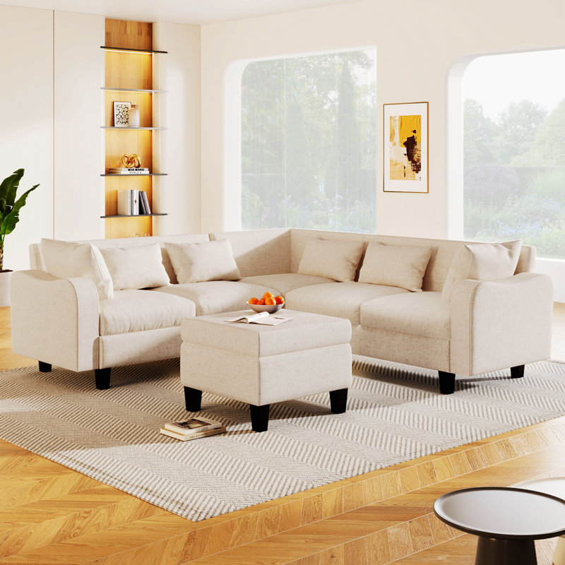 Modern Style Sectional Sofa with coffee table, with Storage Ottoman, Beige