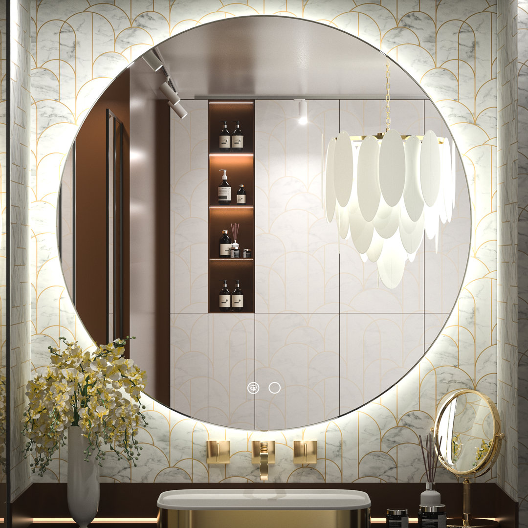 Adorna  Round Frameless Backlit Mirror, LED Bathroom Mirror with Dimmable Brightness, Anti-fog Function, 50000h Lifetime, Shatterproof Film Orren Ellis 