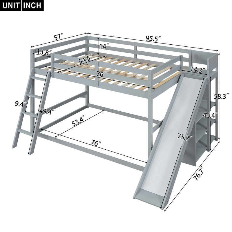 Rustic Bunk Bed With Slide And Guardrail, Gray