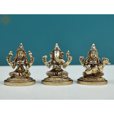 2" Small Brass Ganesha Lakshmi Saraswati Statue Set – Handmade Hindu Deities Trio for Spiritual Home & Office Décor