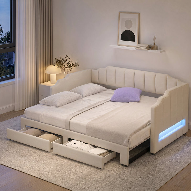 Adjustable Linen Upholstered Daybed With Twin XL Expansion, Storage Drawers & LED Features, Beige