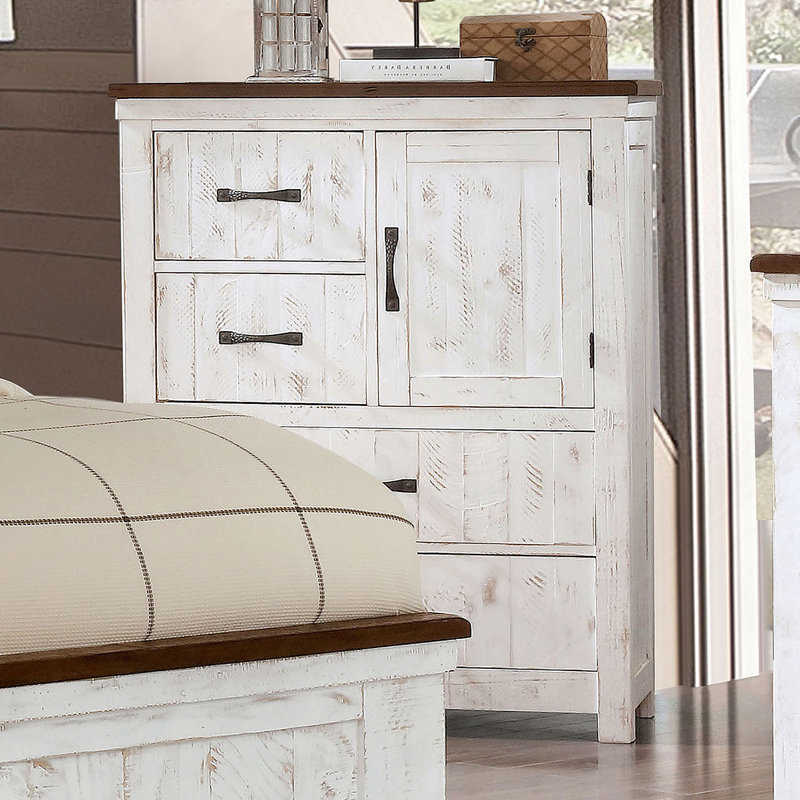 Commode en métal de style transitionnel moderne de 1 pièce avec quatre tiroirs et une planche d'armoire au fini blanc vieilli et noyer