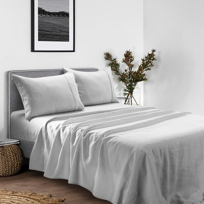  Ensemble de draps en lin pur lavé à la pierre, drap-housse 16 po, Très grand, Gris clair