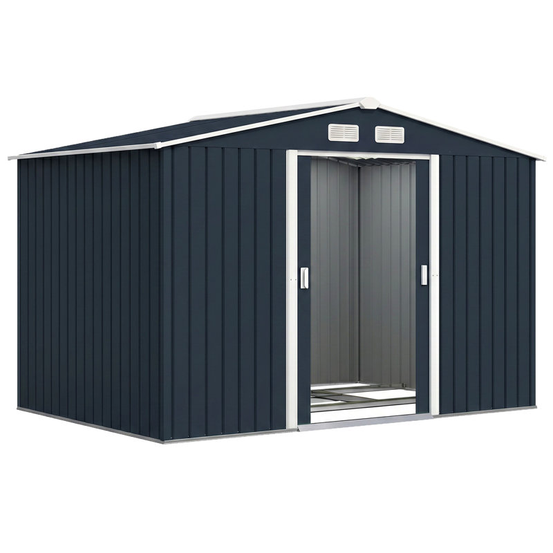 9' x 6' Outdoor Storage Shed, Garden Tool Metal Shed with Foundation Kit, Double Lockable Door, Air Vents and Sloping Roof, for Backyard, Patio, Lawn, Dark Gray