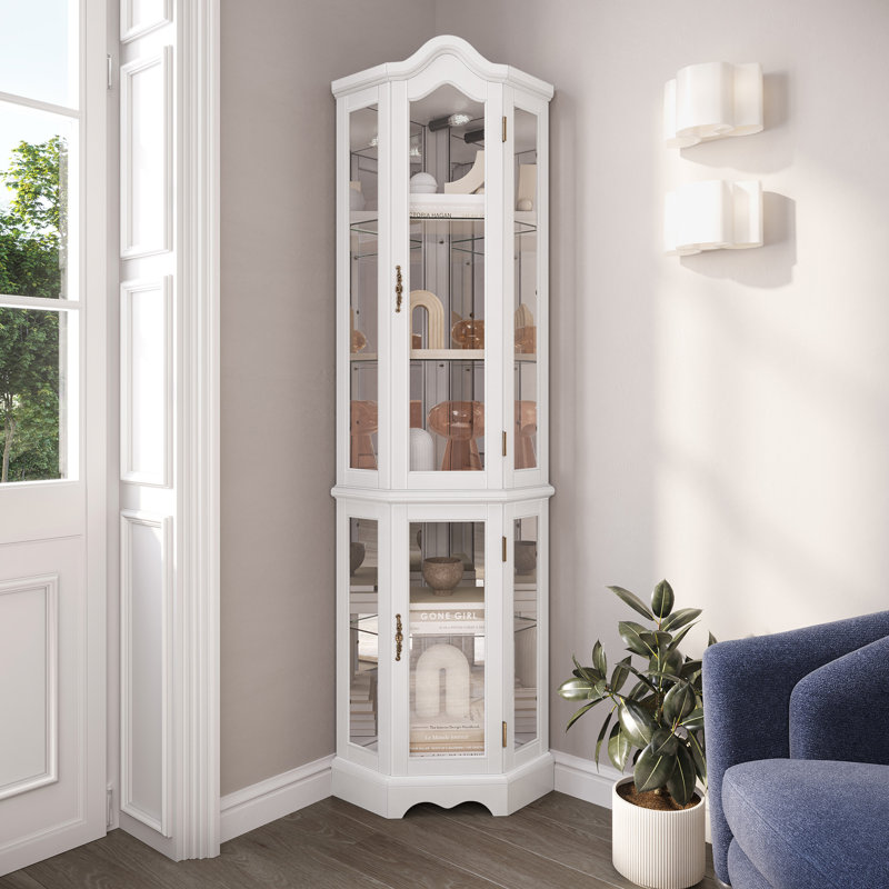 Agaran Lighted 3-Side Glass Display Curio Cabinet w/ Tempered Glass Doors and Shelves, Curved Wood Corner Cabinet with Bulb, Corner Storage Rack