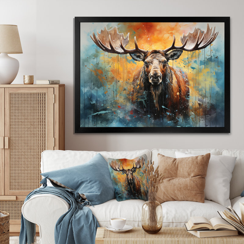 «Colorful Moose Majestic Collage II - Moose», reproduction sur toile encadrée, H 12 po x l 20 po x P 1 po, Cadre simple noir