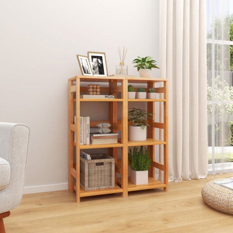 4-Tier Bookshelf Rubber Wood Bookcase With Side Fences For Living Room, (4 Shelves) 34.5"H x 14"W x 13"D