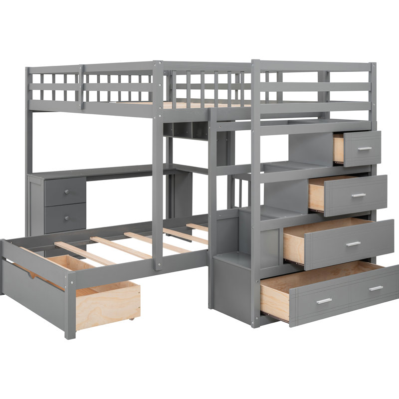 Full Over Twin Bunk Bed In Gray, Equipped With Desk, Drawers And Shelves For Family Bedroom Needs Gray Storage A Tidy Functional Design