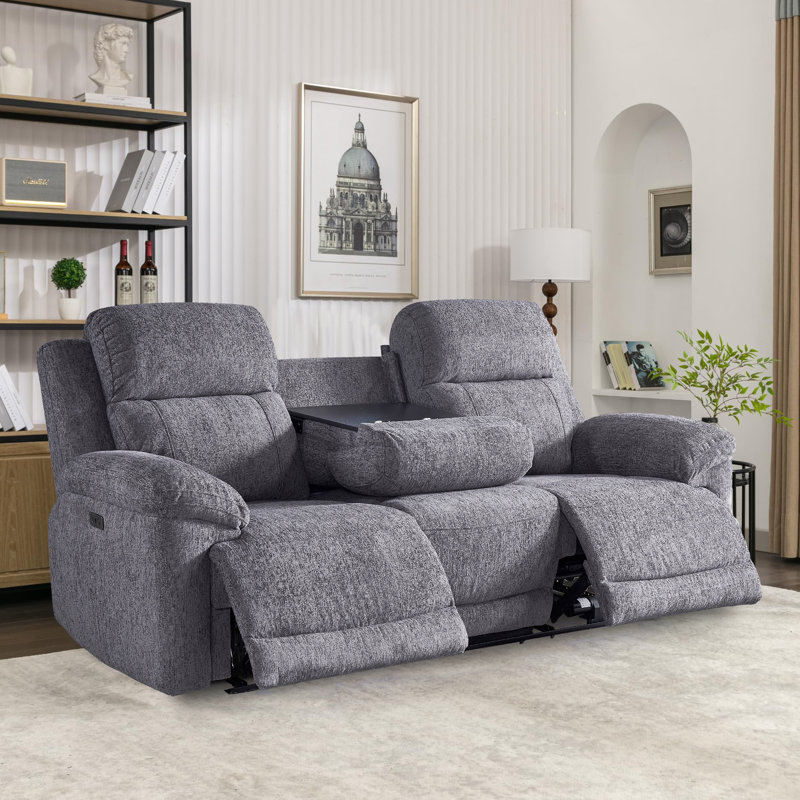 Callendale Power Reclining Sofa With Tray Table, Type-C, USB Ports, Cup Holders, Dark Gray