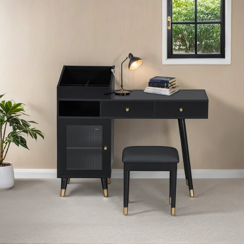 Modern Makeup Vanity Desk with Drawers, Cabinet & Charging Port, Black