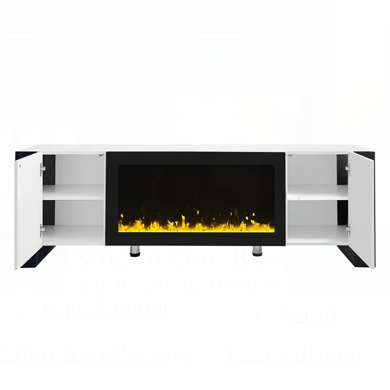 Wood Top TV Stand  With  Electric Fireplace ,2 Cabinets, White