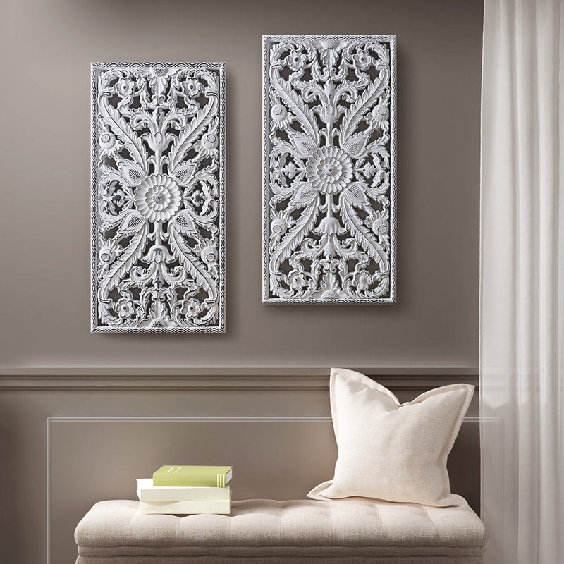 Ensemble de 2 décorations murales en bois sculpté vieilli, Blanc