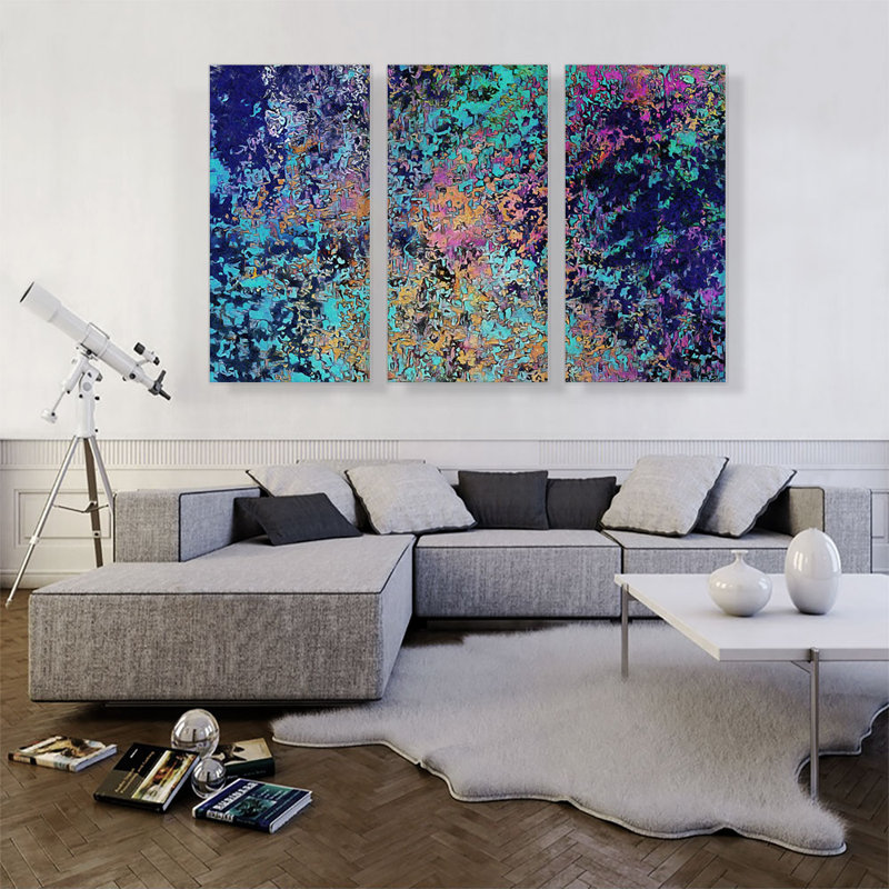 Mauve bleu sarcelle bleu rose jaune moderne - ensemble de 3 reproductions d'art sur toile tendue