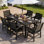 Ensemble de salle à manger d'extérieur toutes saisons de 7 pièces avec ensemble de parasol et cadre en aluminium Ensemble de salle à manger d'extérieur moderne pour 6 personnes pour cour arrière / porche / terrasse, 1 table, 6 chaises, noir